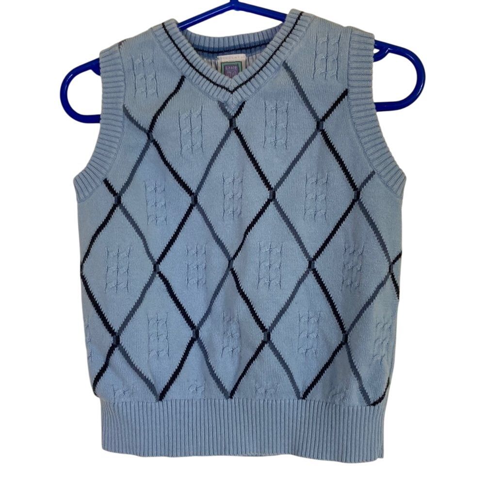 Little Me Boys Sweater Vest Size 2 Blue Argyle Design Front Preppy